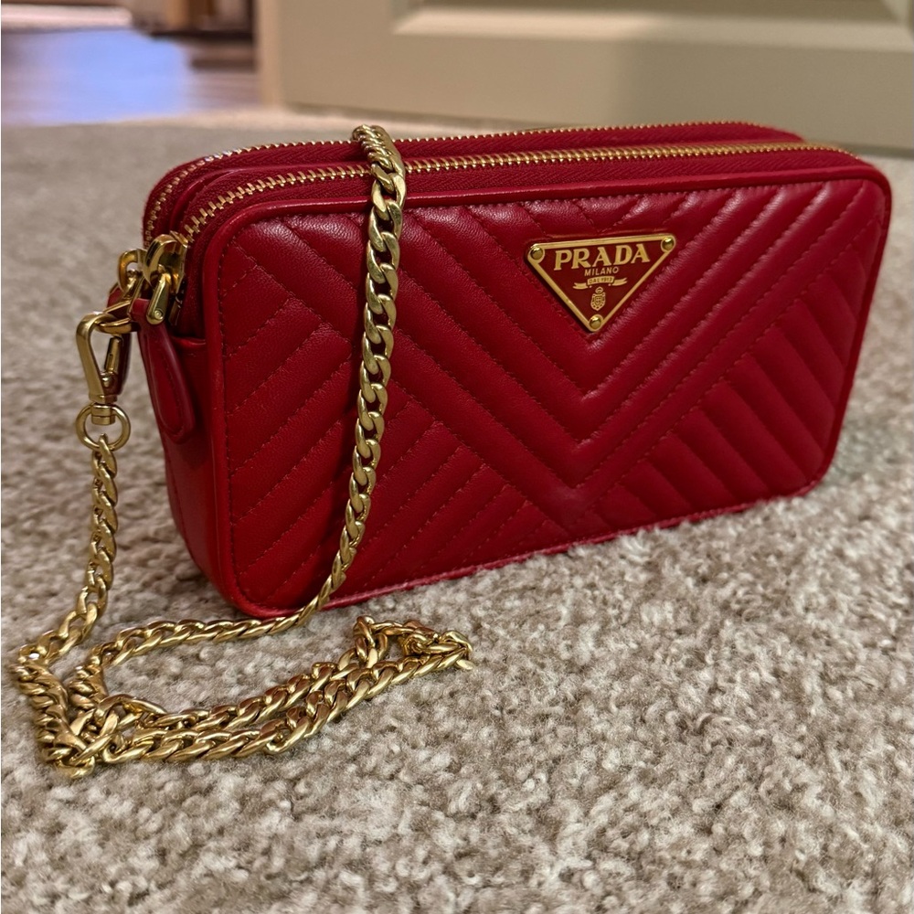 Prada Red Quilted Crossbody Bag with Gold Chain